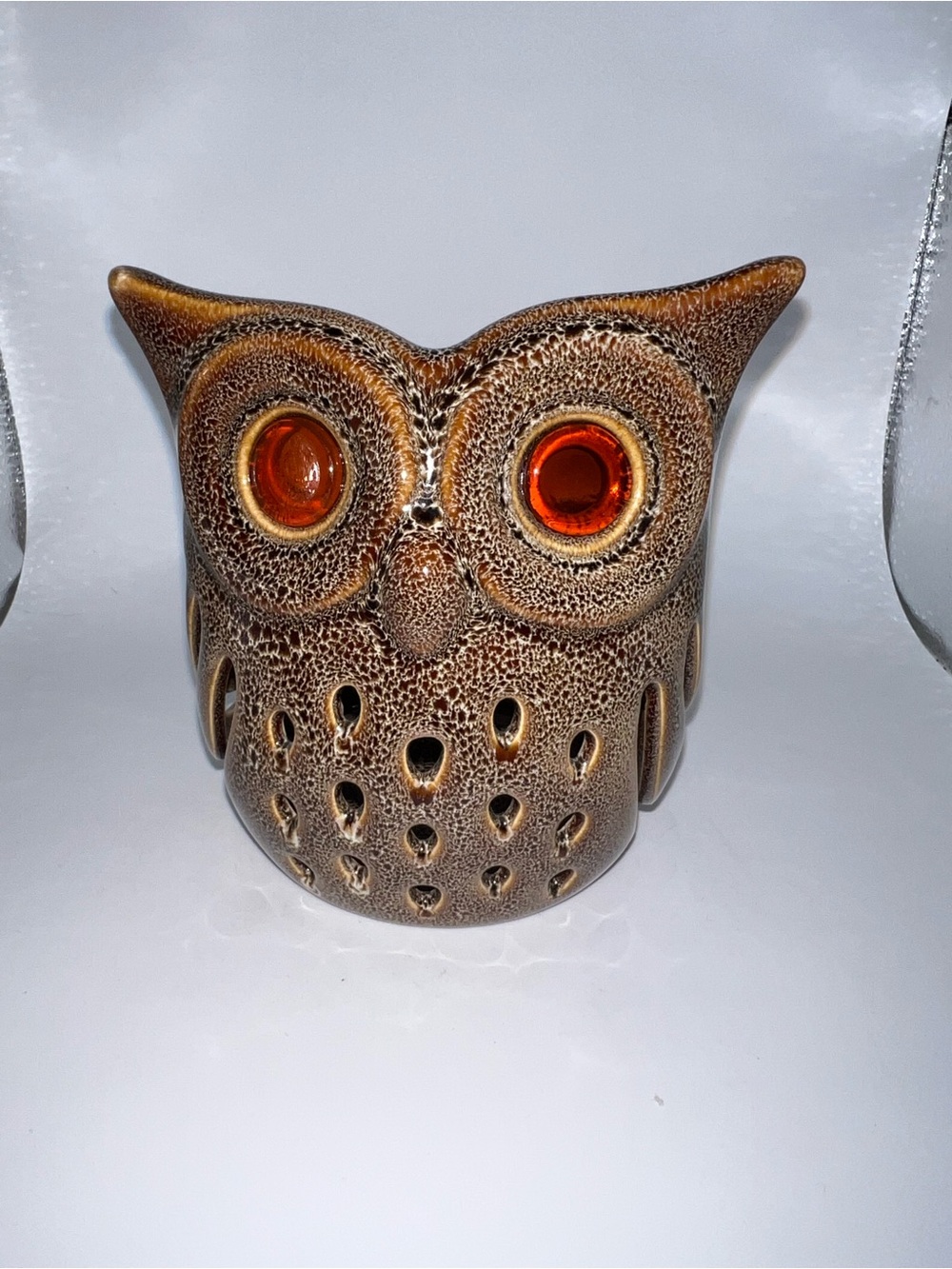 PartyLite Brown Ceramic Owl Candle Holder with Amber Eyes